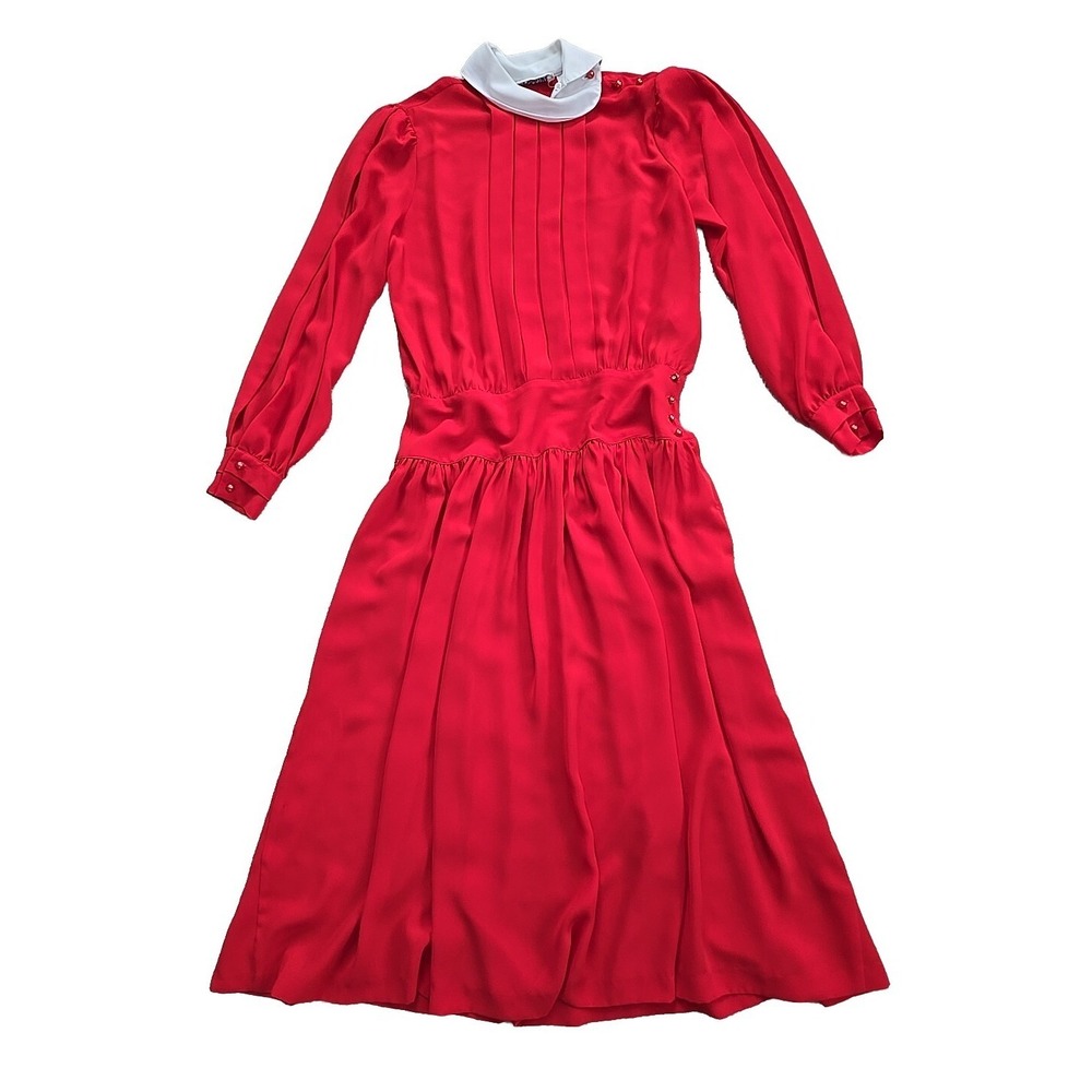 VTG Ms Chaus Red Secretary Pleated Blouson Disco Dress Sz 12 '70s '80s
